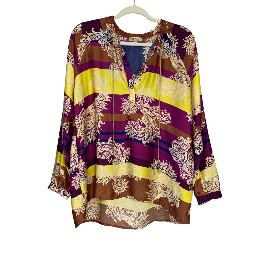 Democracy Paisley Print Blouse Top Women's Size L Long Sleeve Tunic Striped